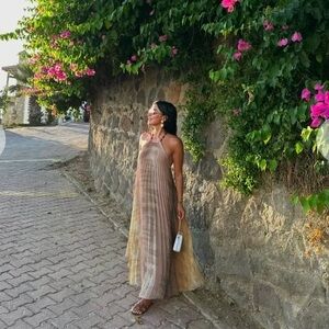 Zara halter pleated midi dress with beaded neck strap NWT